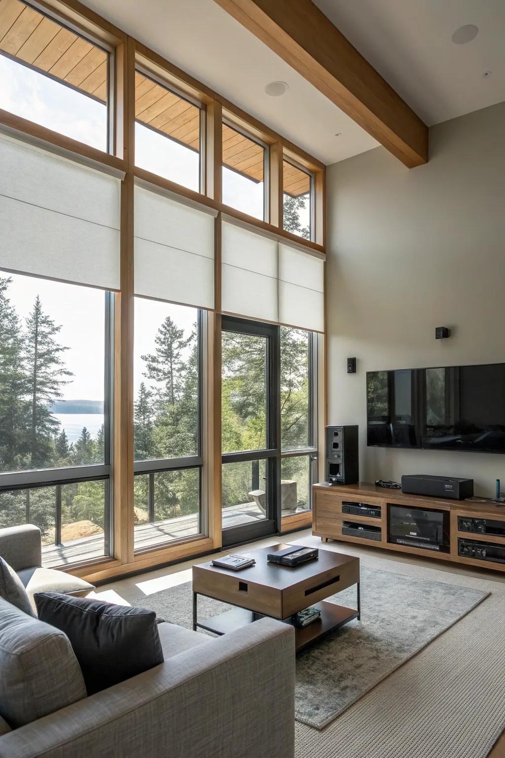 Motorized shades offer convenience and modernity to casement windows.