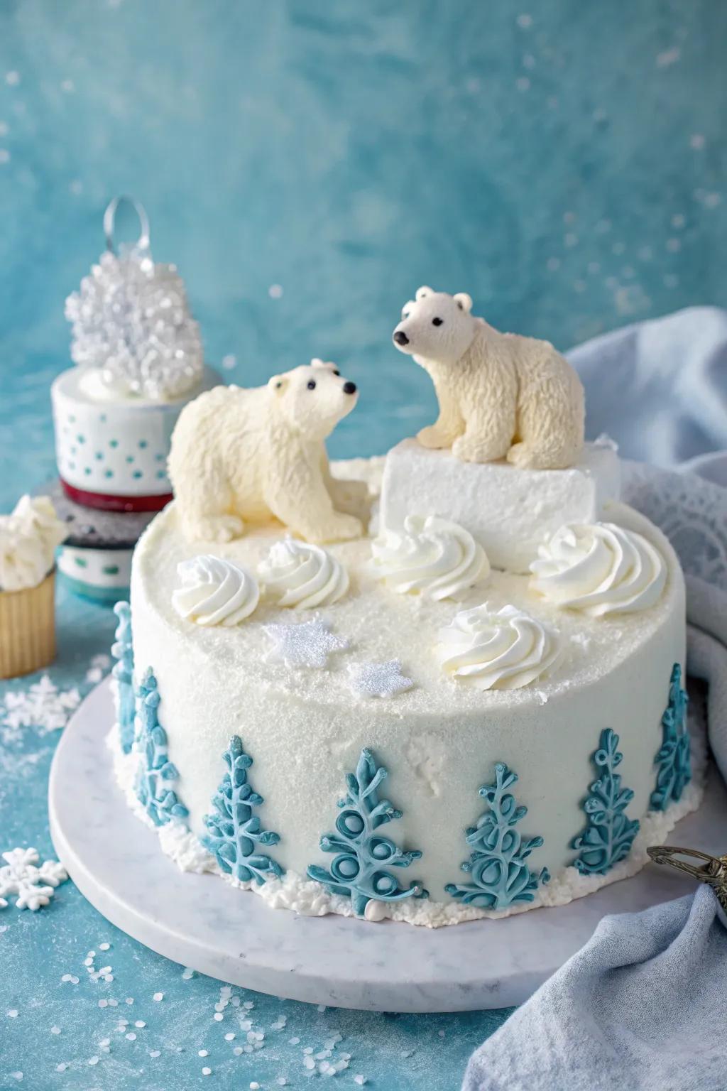 Charming polar bears parade across this winter-themed cake.