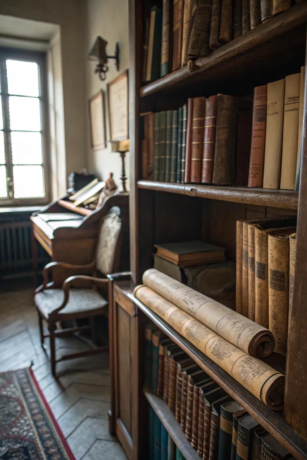 Old books and scrolls for a scholarly witch vibe.