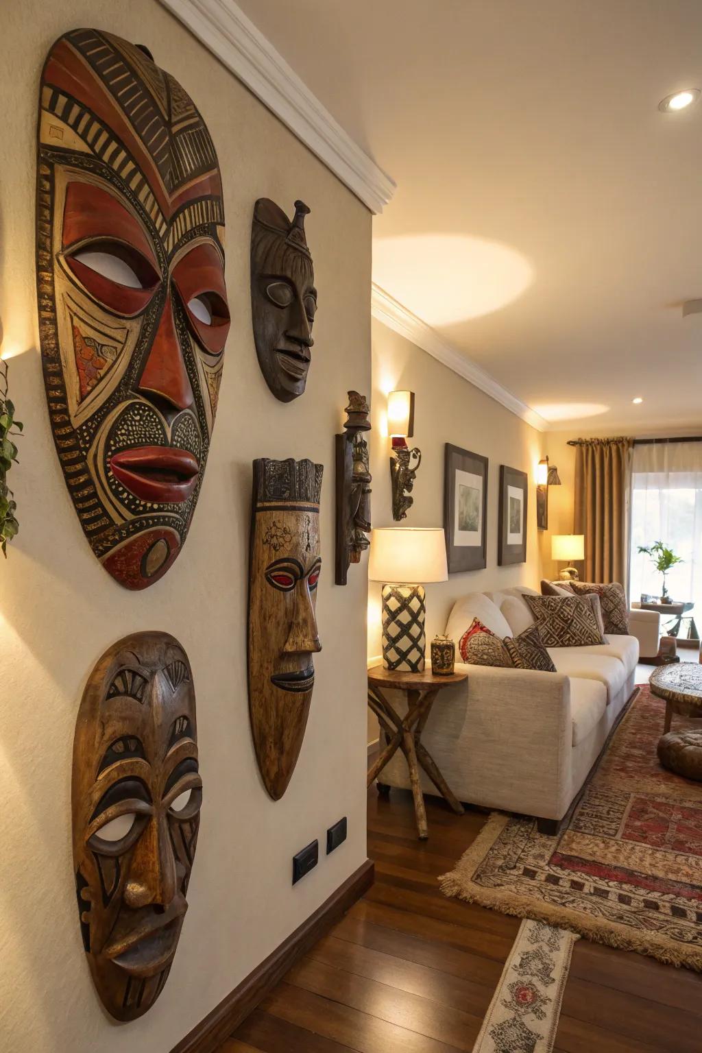 Infuse your decor with the cultural richness of wooden masks.