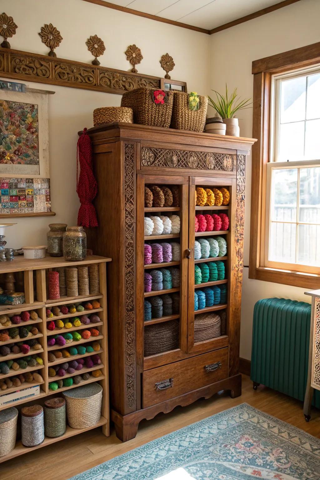 A vintage cabinet adds charm and ample storage for yarn.