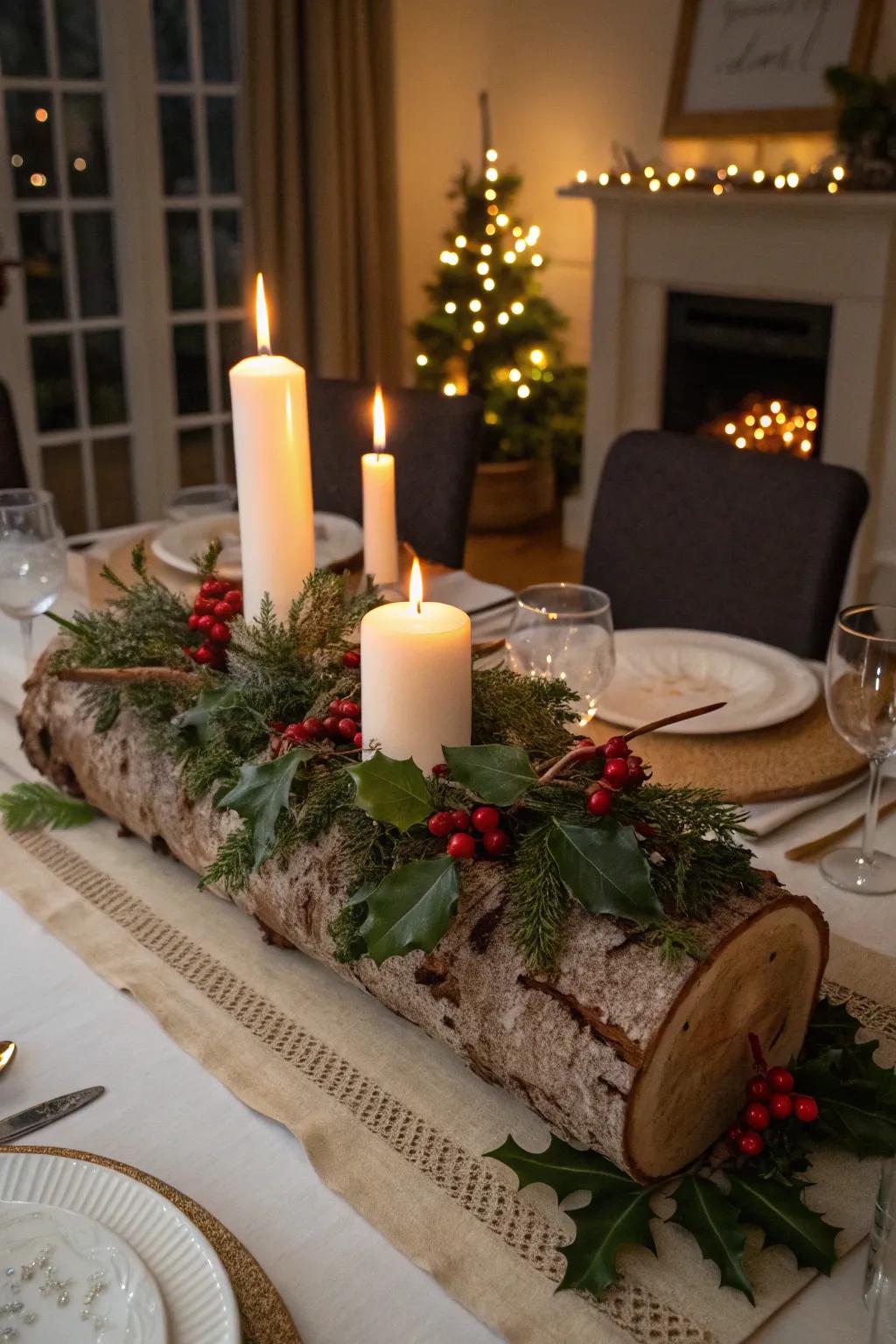 A captivating Yule log centerpiece for festive gatherings.