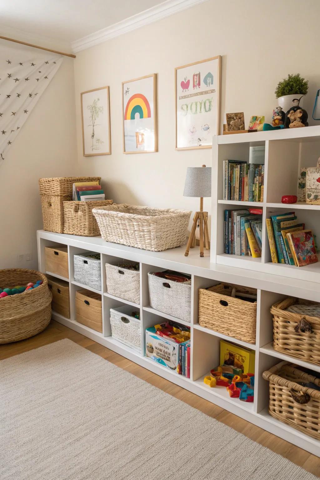 Functional storage keeps the room tidy and organized.