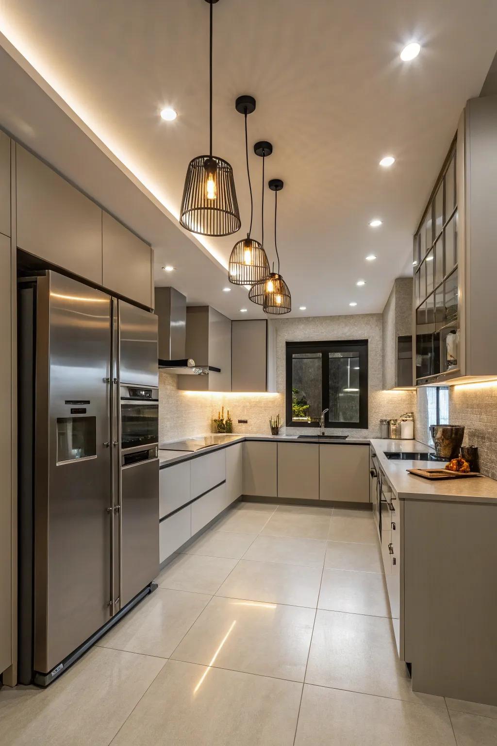 Zoned lighting defines and enhances different kitchen areas.