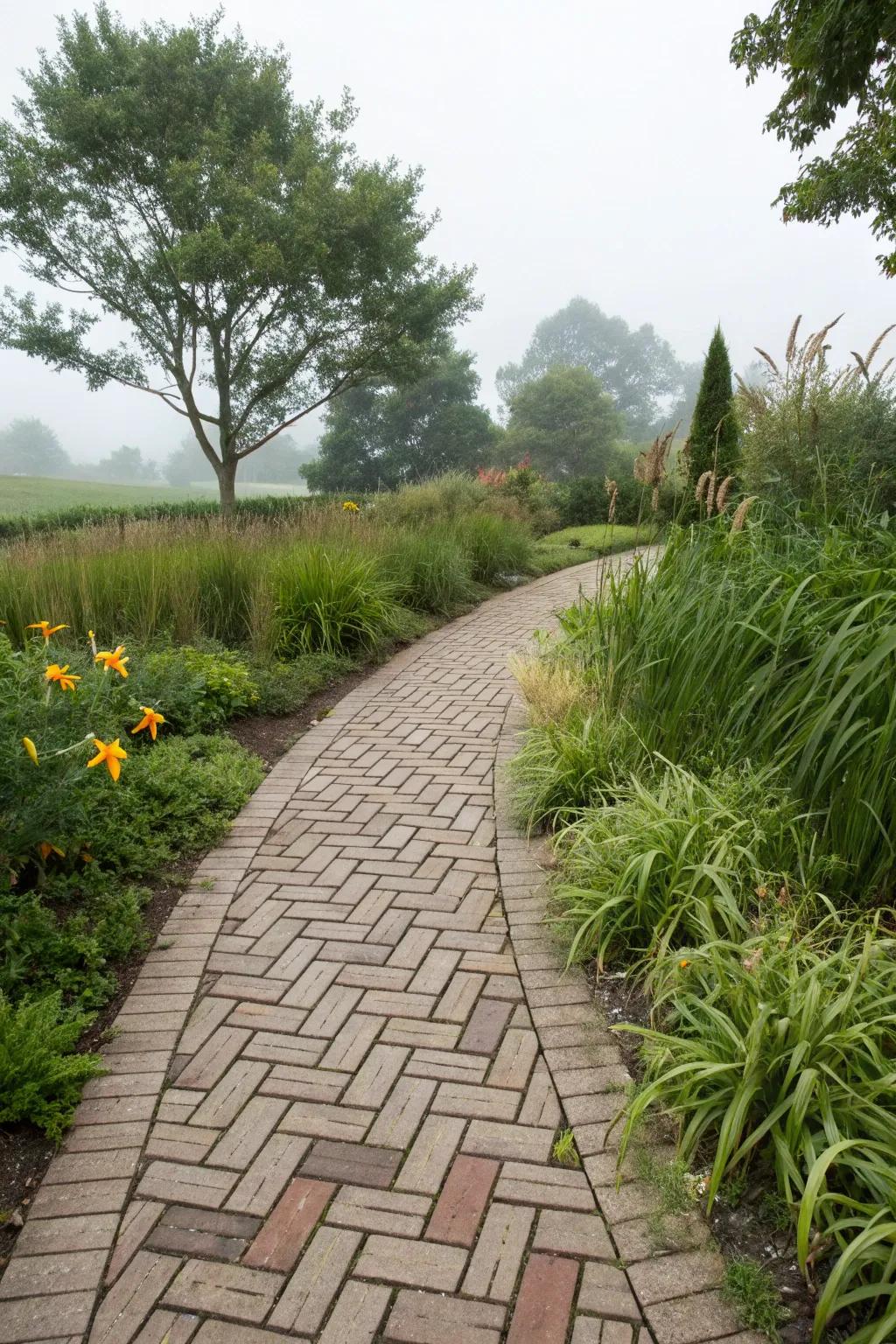 Sophisticated style with a herringbone paver pattern.