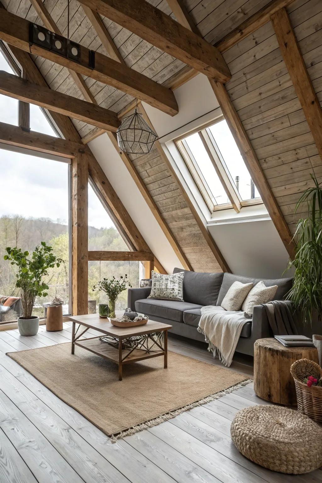 Blend modern and rustic elements for a balanced attic design.