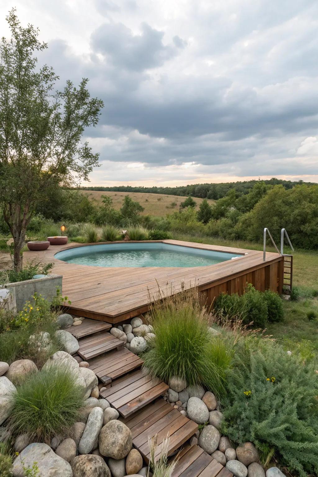 Blend your deck with nature using wood and greenery.