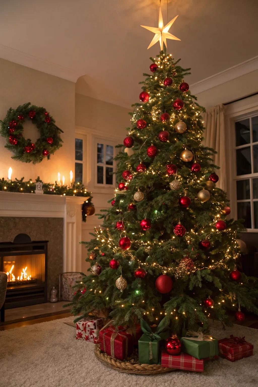 A traditional Christmas tree showcasing the classic red and green theme.