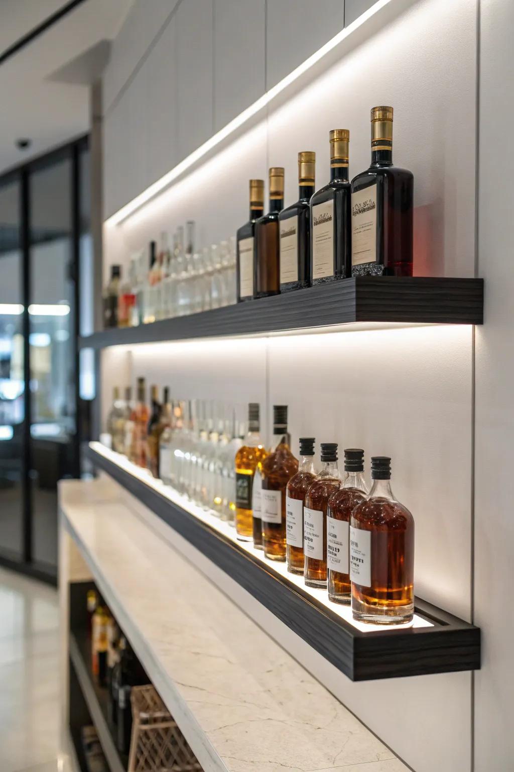Minimalist floating shelves showcasing a carefully arranged selection of liquor bottles.