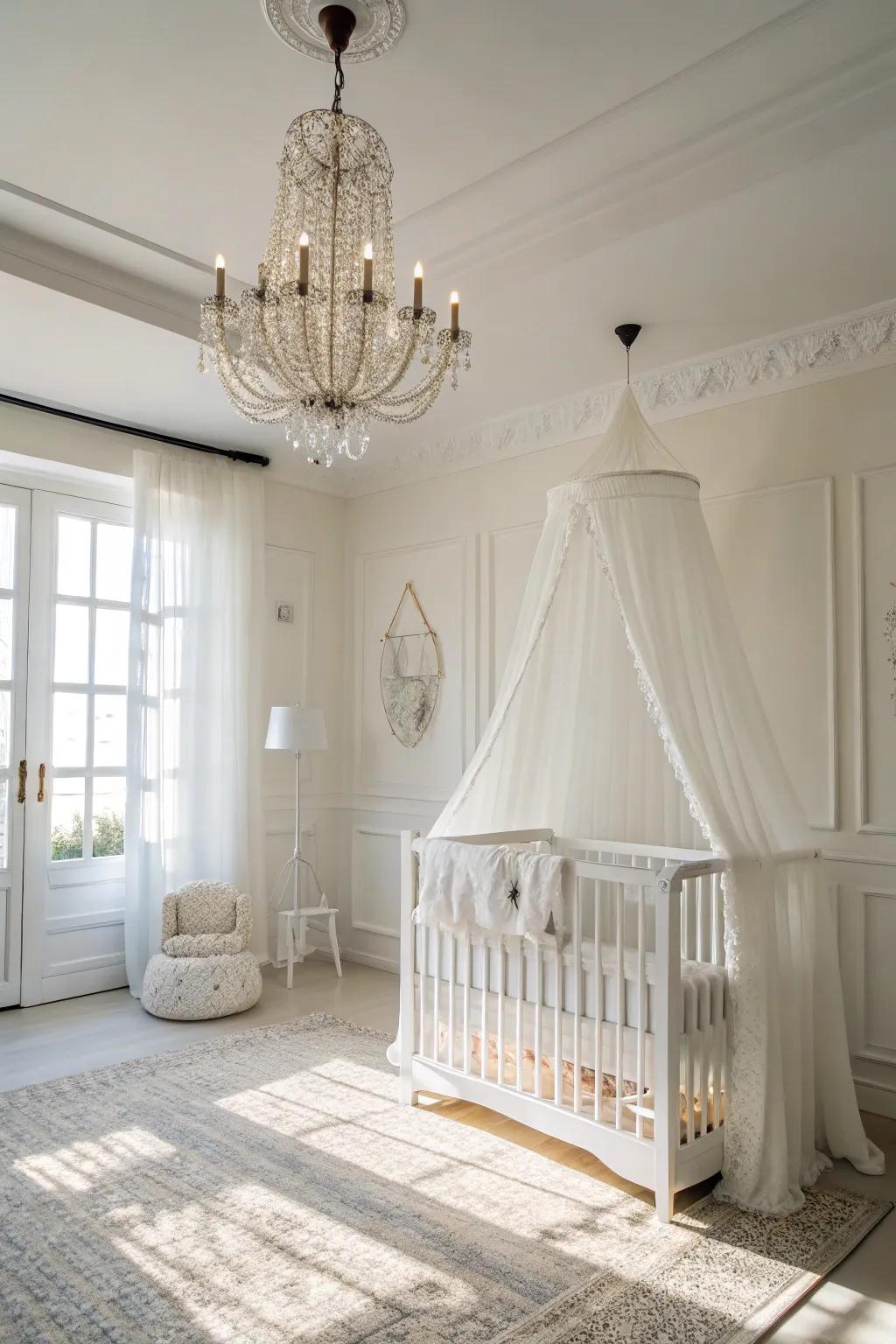 Decorative lighting adds sophistication to a white nursery.