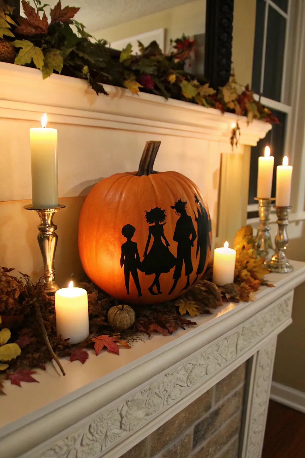 Create drama with silhouetted anime character pumpkins.