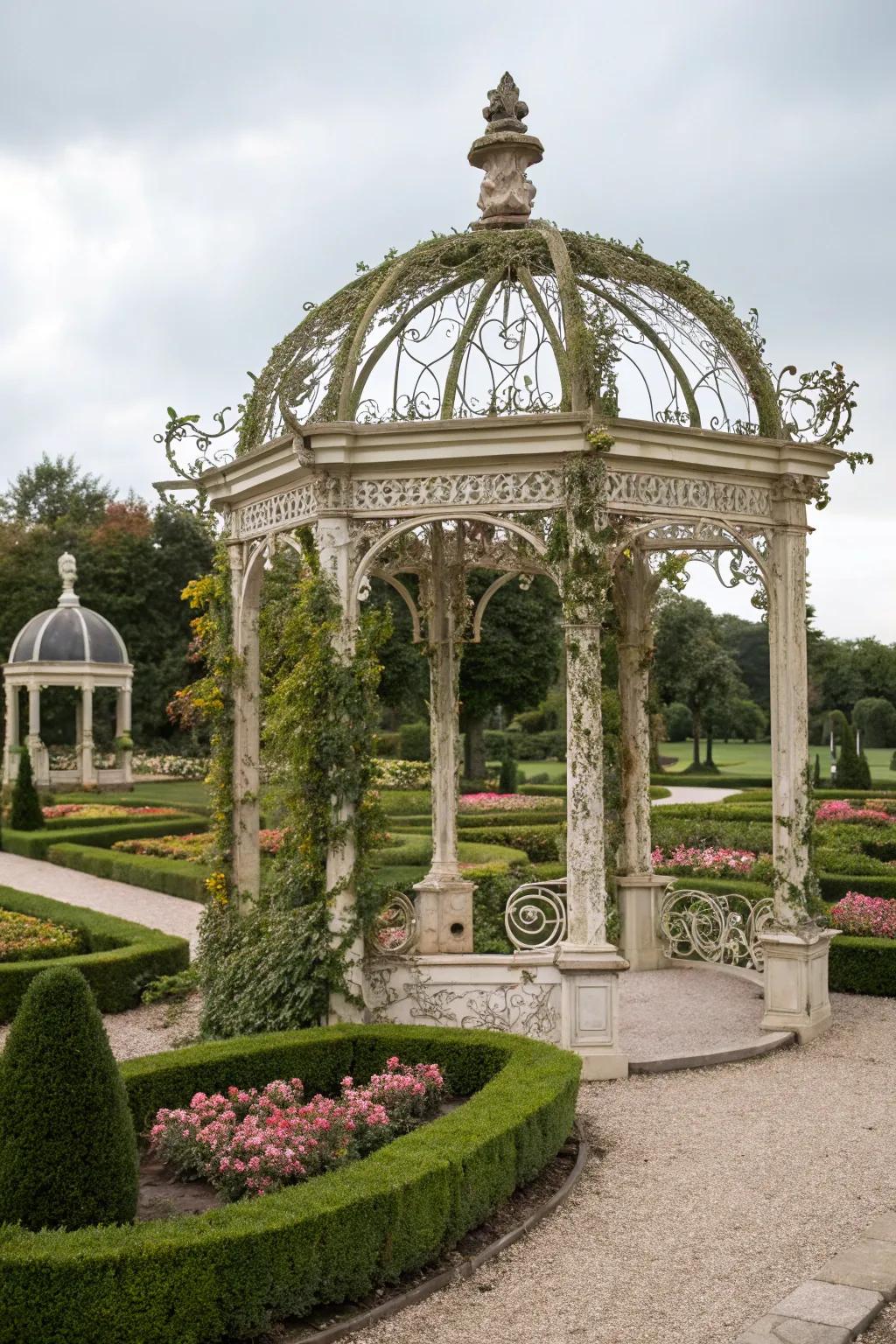 An ornate Victorian arbor enhancing a grand garden landscape.