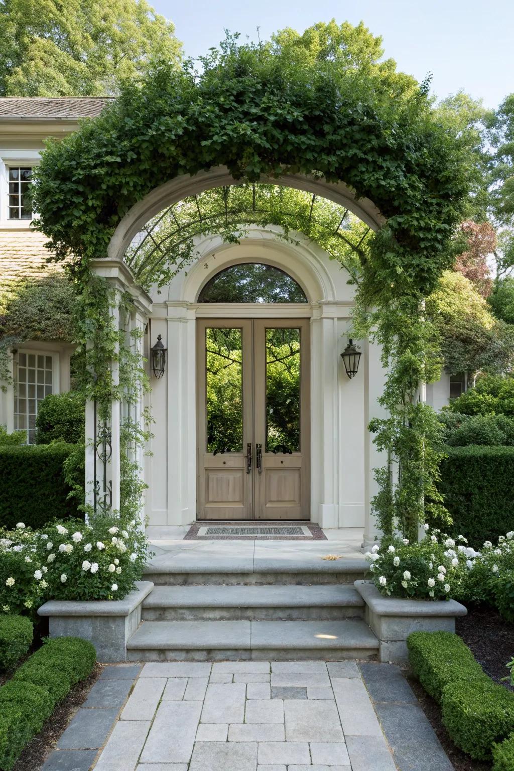 Symmetrical arbors for a formal and balanced entrance.