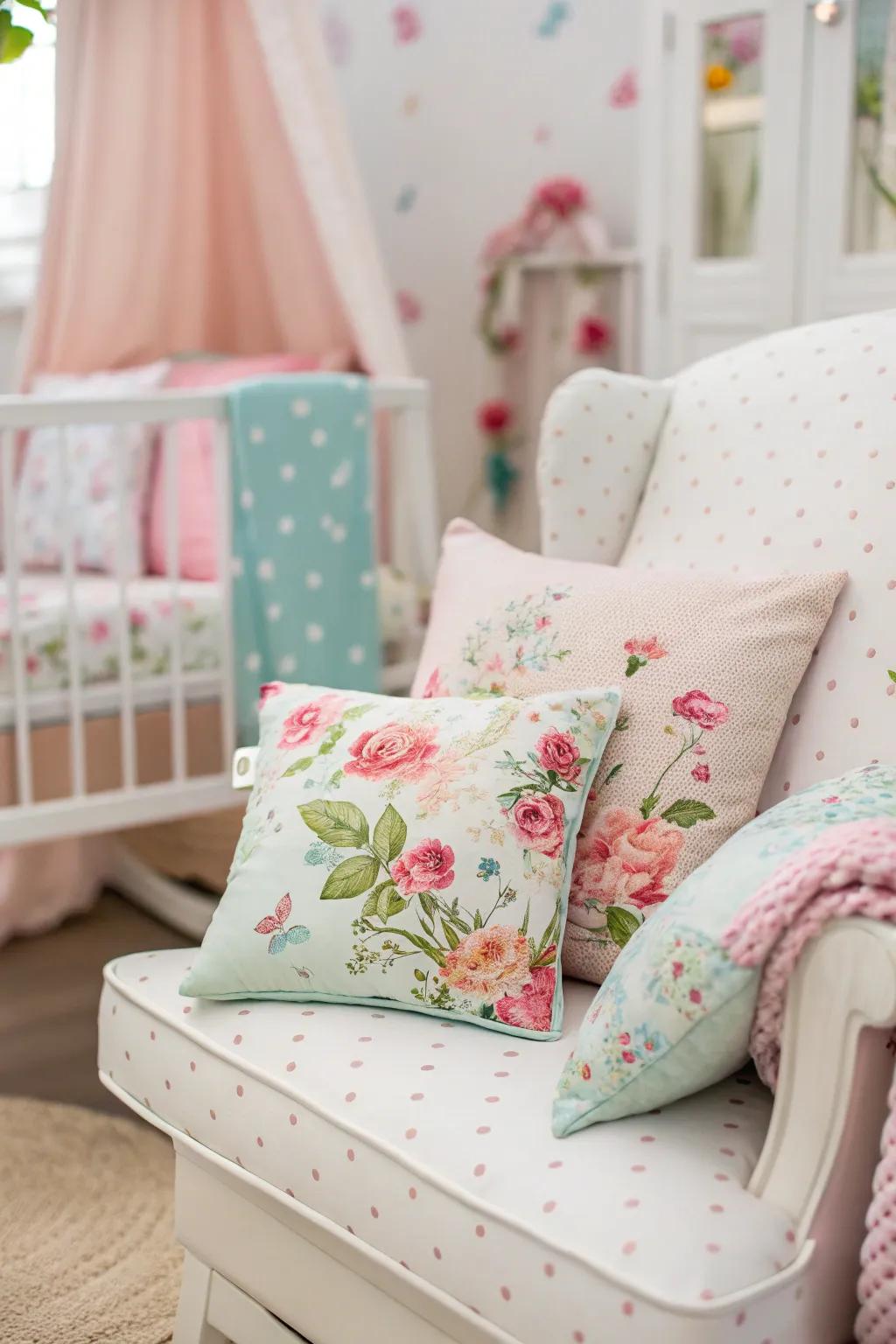 Floral cushions add a pop of color and texture.