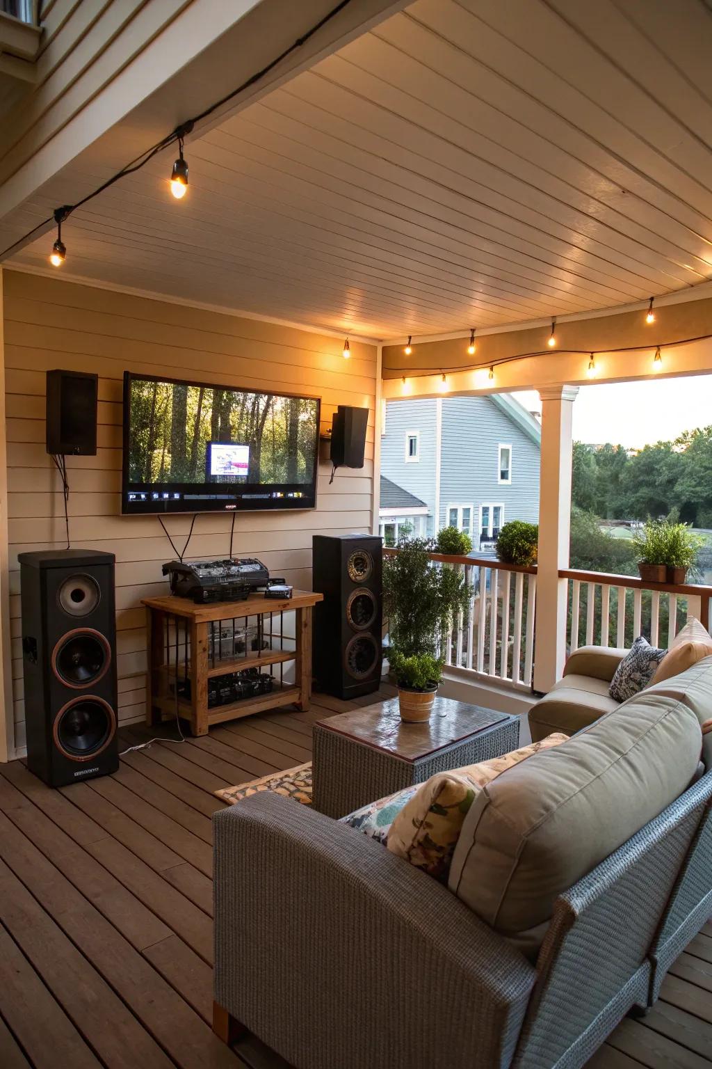 Enjoy entertainment on your porch with a TV setup.