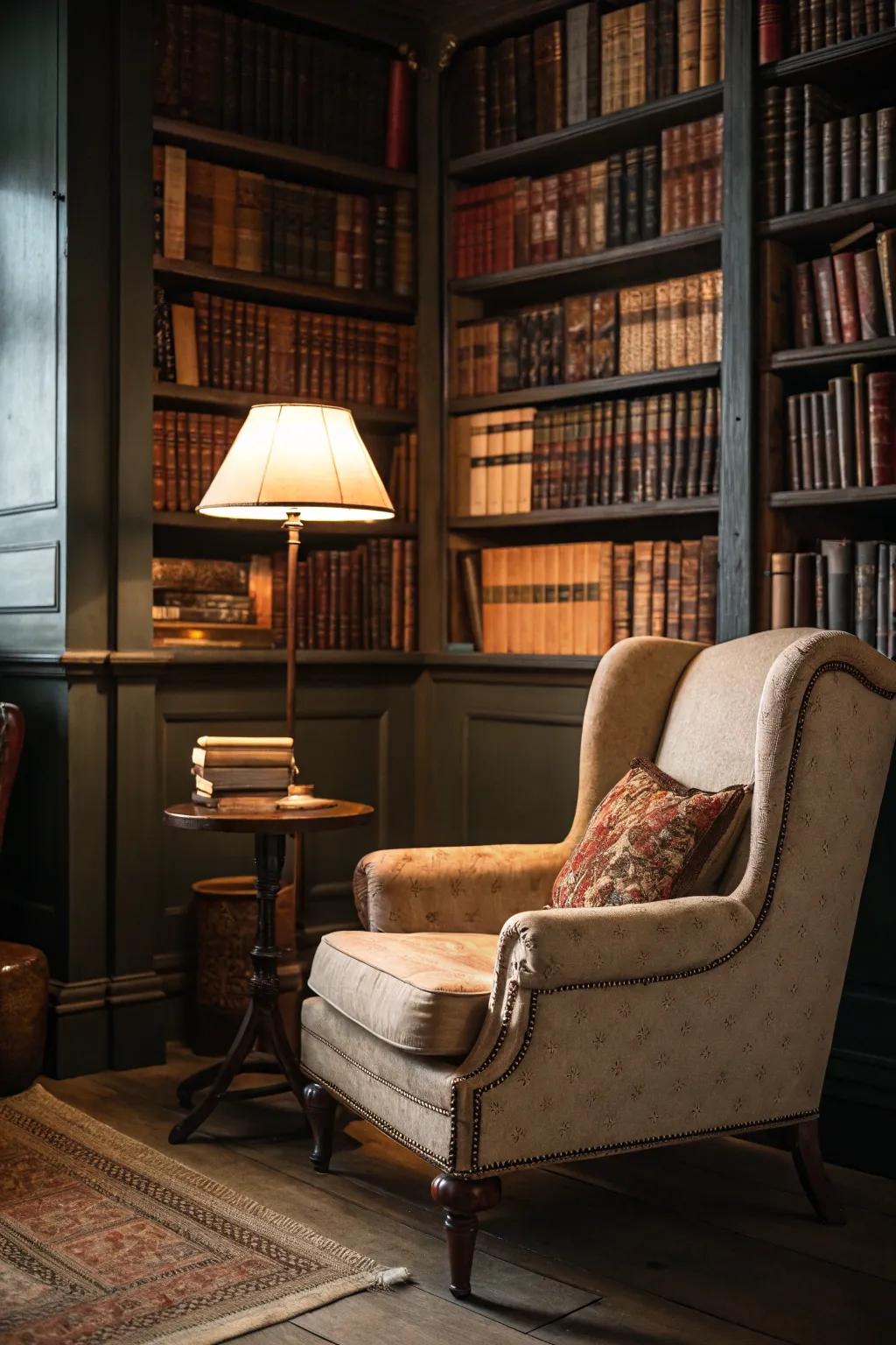 Vintage bookshelves add character and charm.