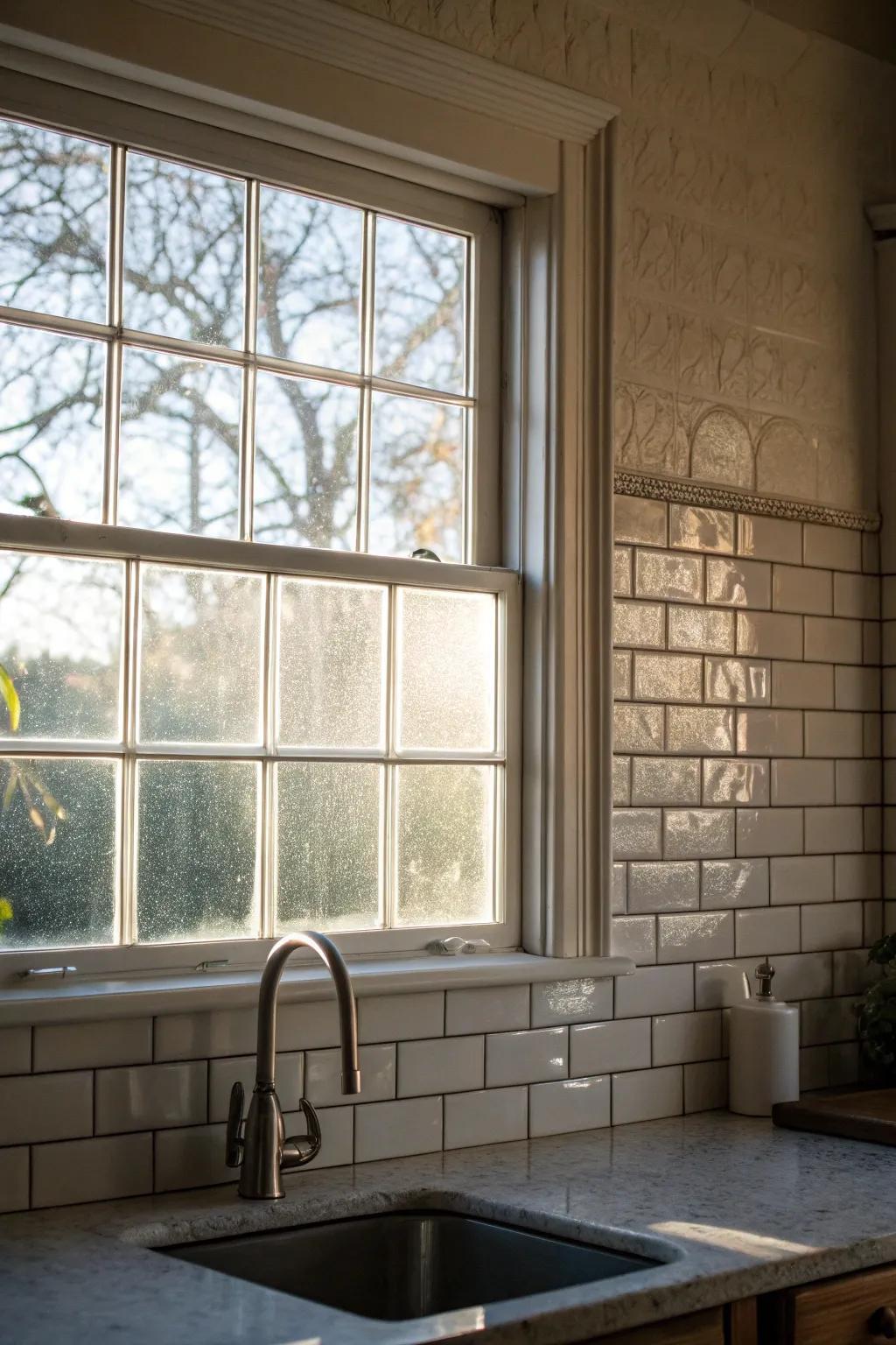 Elegant frosted glass tiles framing a kitchen window.