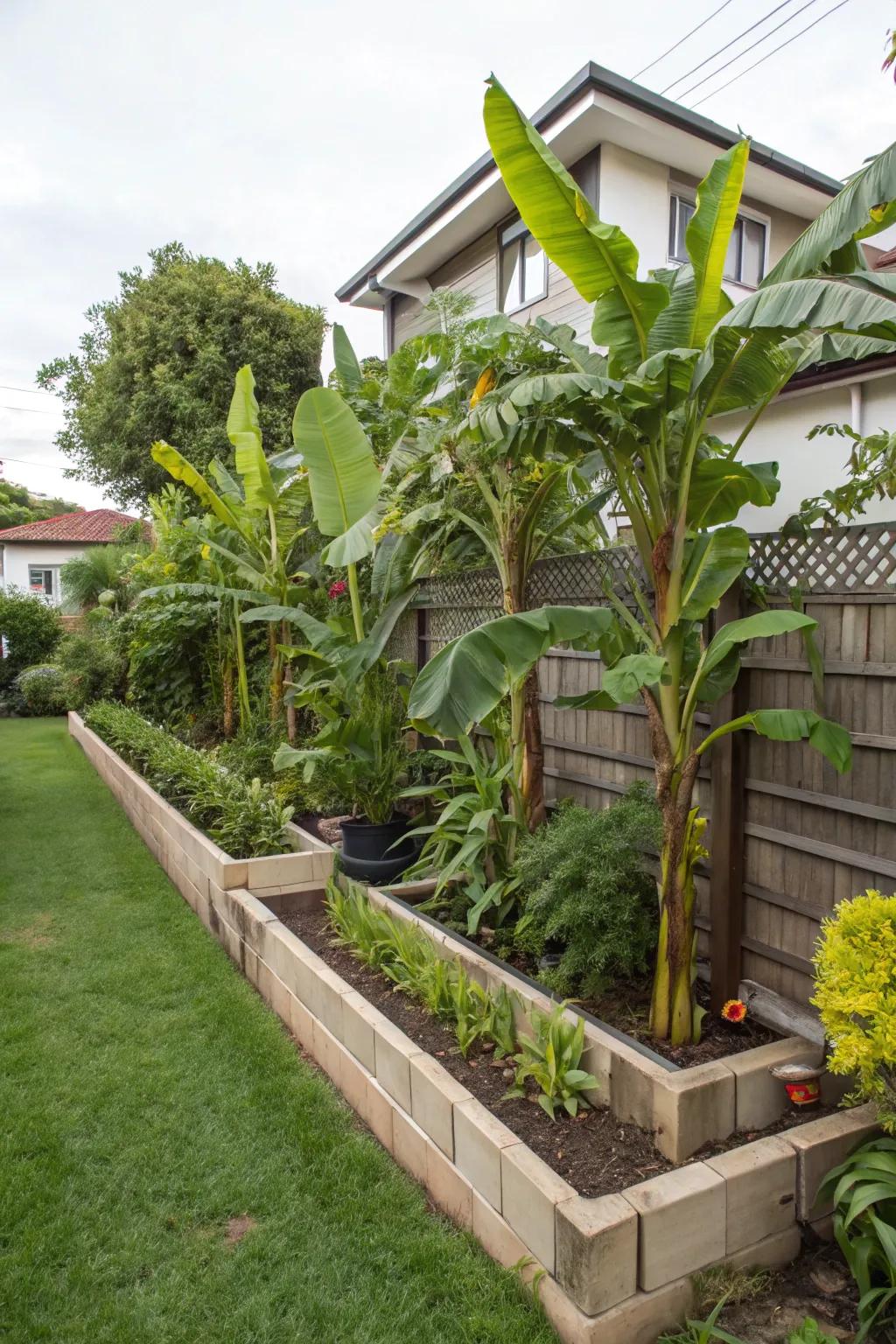 Utilize vertical space with tiered banana tree planting.