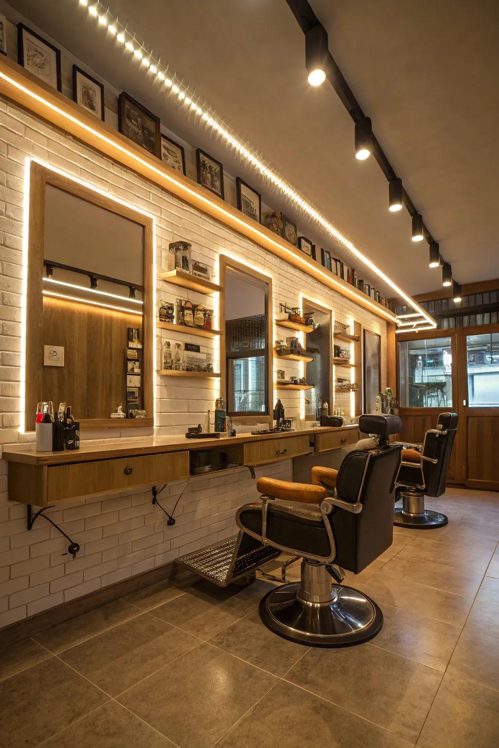 Subtle LED strip lighting adding modern elegance to a barbershop.