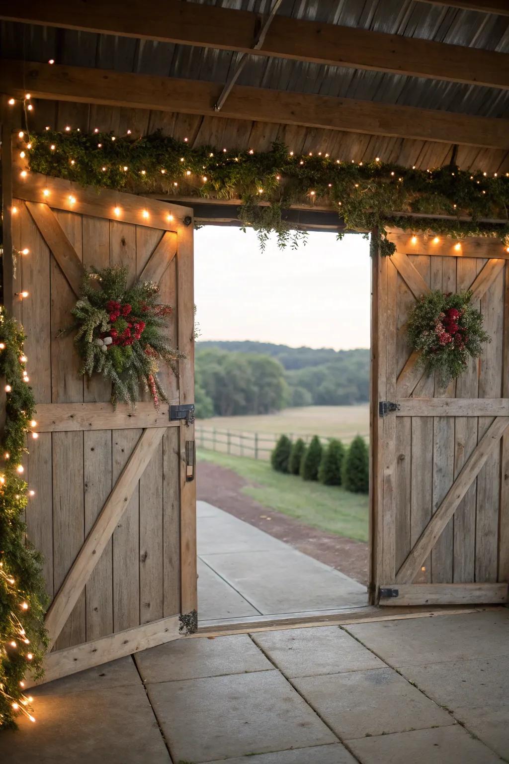 Decorated barn doors make a grand entrance.