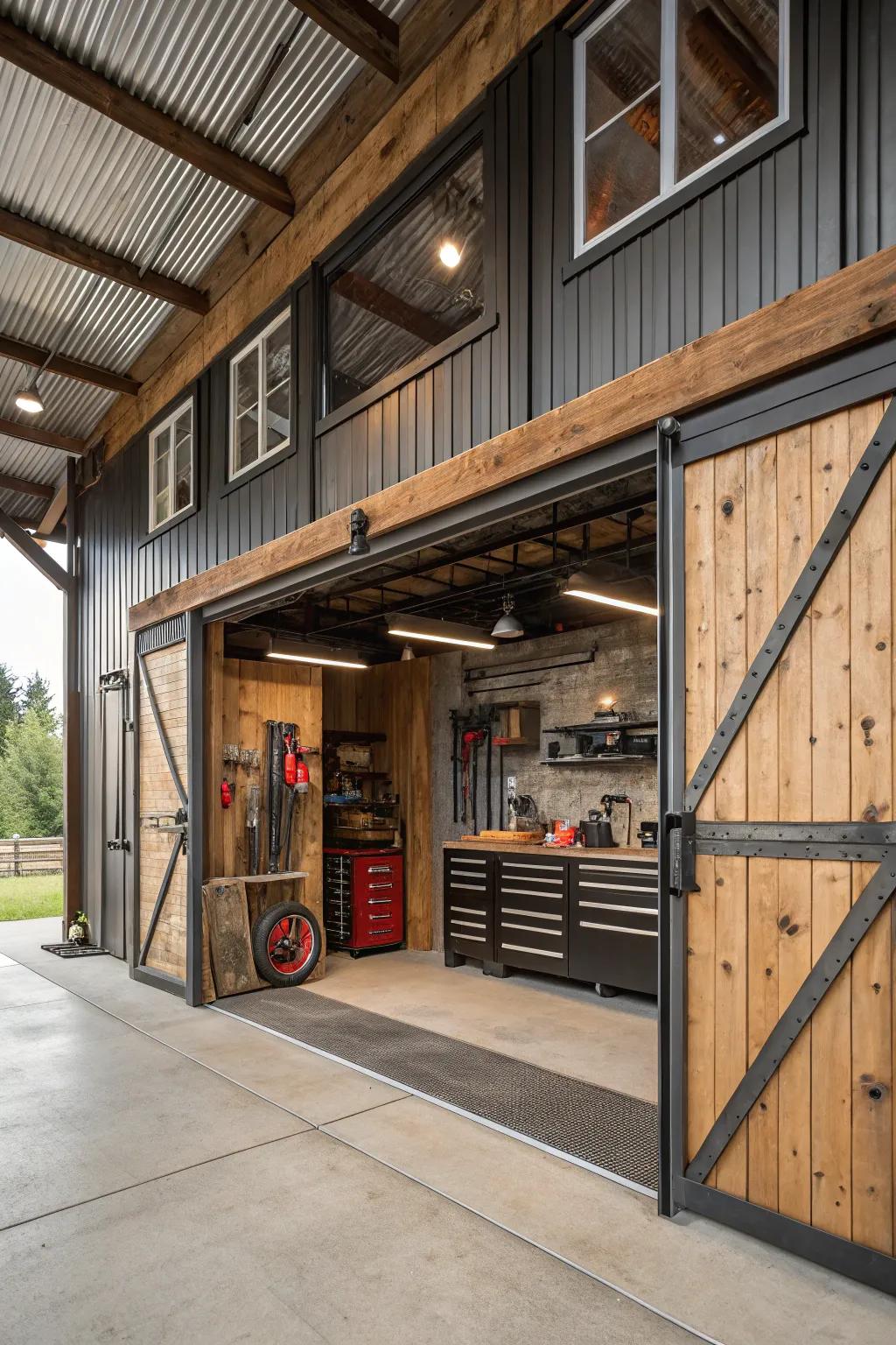 Industrial elements add a unique flair to this barn garage.