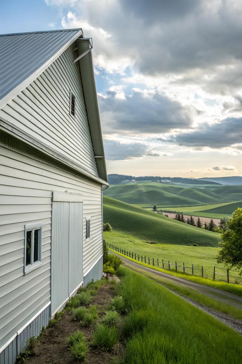 A barn enveloped in versatile vinyl siding, offering a clean and polished look.