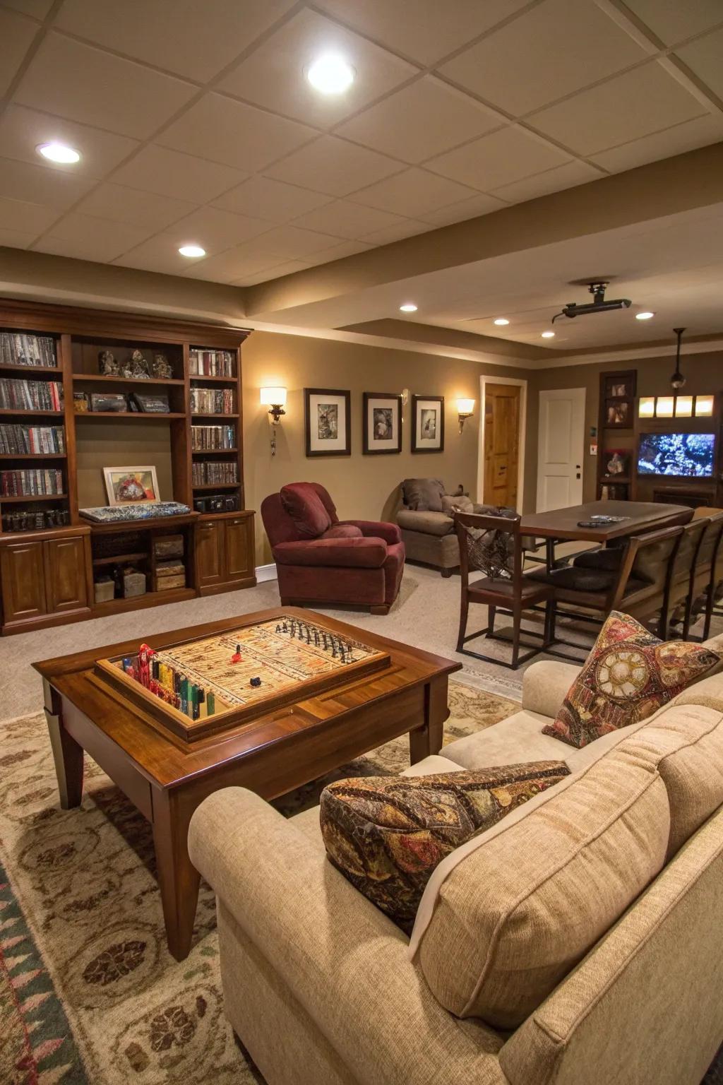 A game area adds a playful touch to this family-friendly basement.