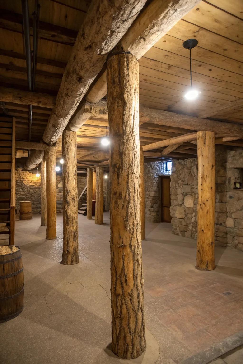 Natural tree trunks give basement poles a rustic, organic feel.