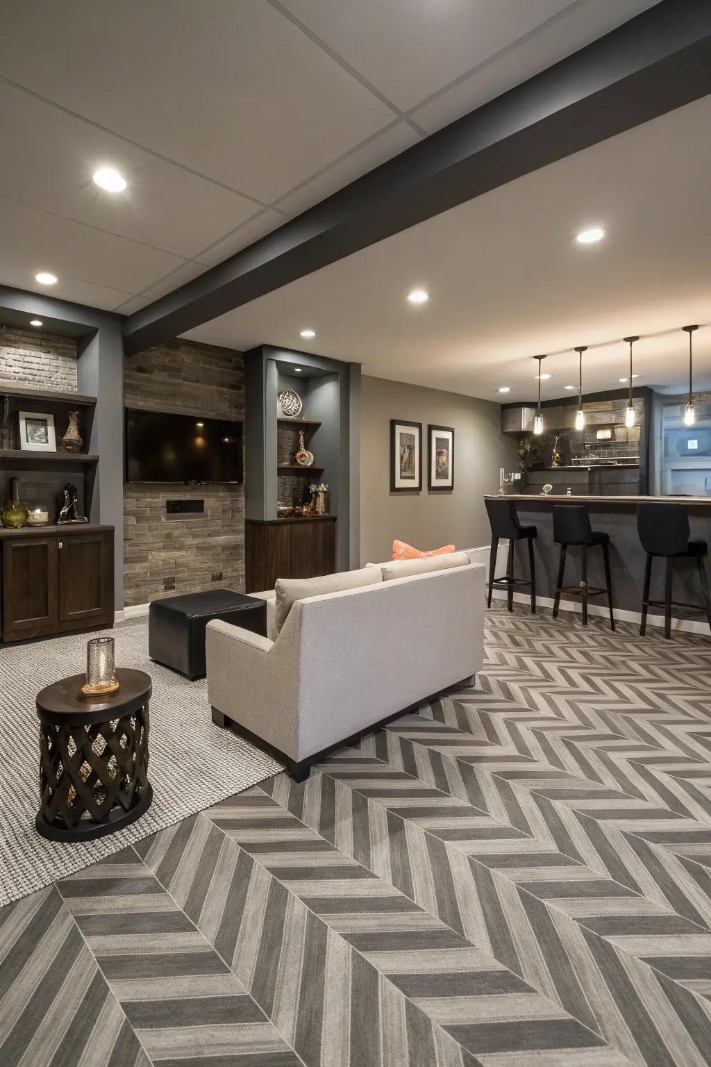 Chevron pattern vinyl flooring adds a modern twist.