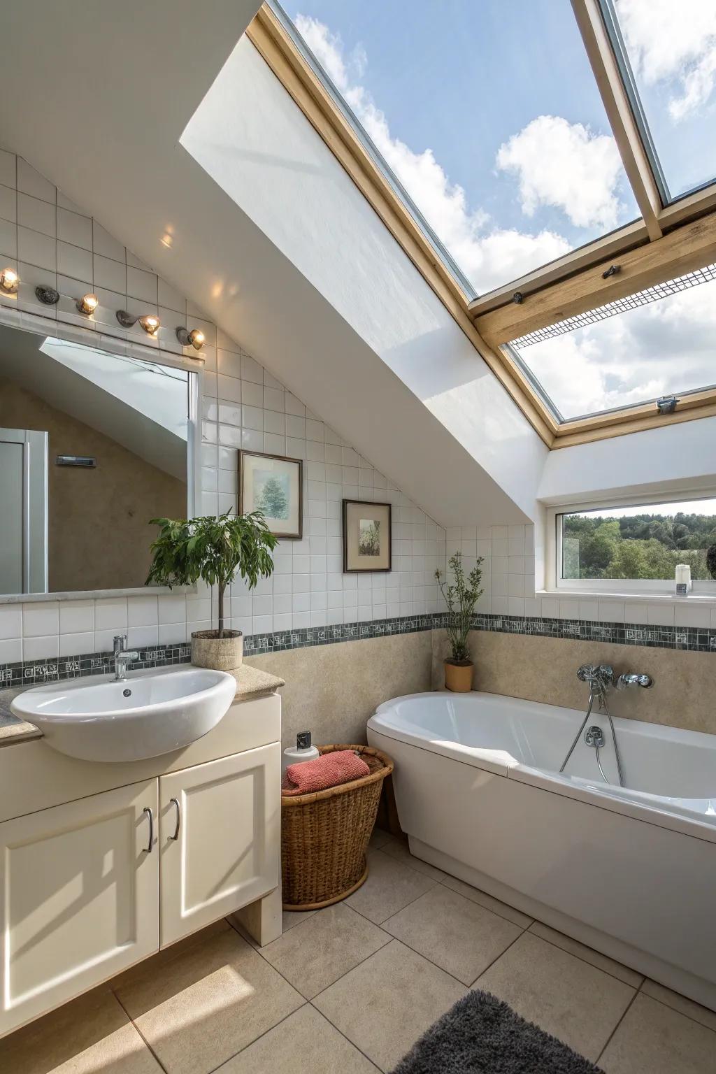 Skylights introduce natural light, creating an open and invigorating bathroom atmosphere.