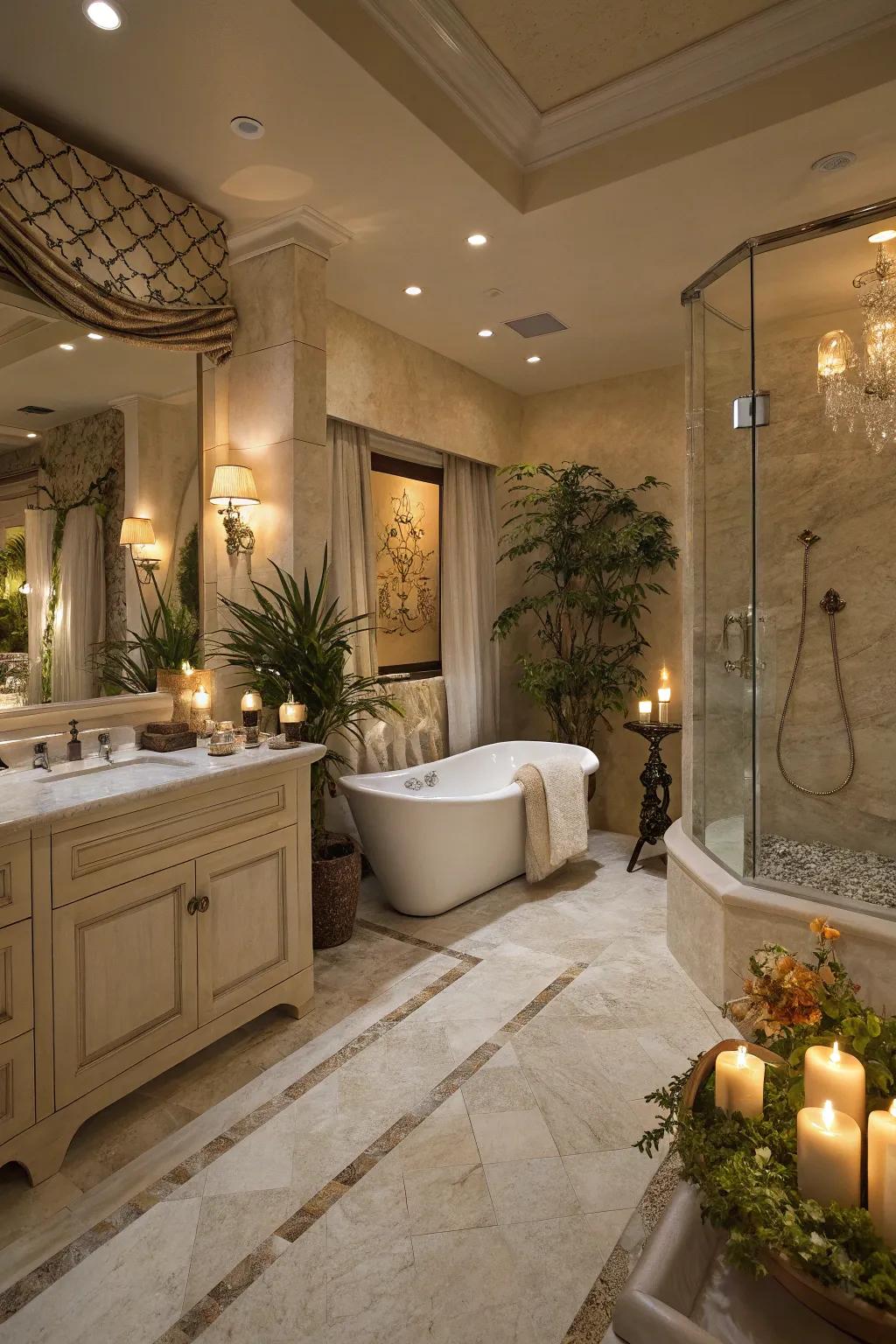 A spa-like bathroom with luxurious elements and soothing ambiance.