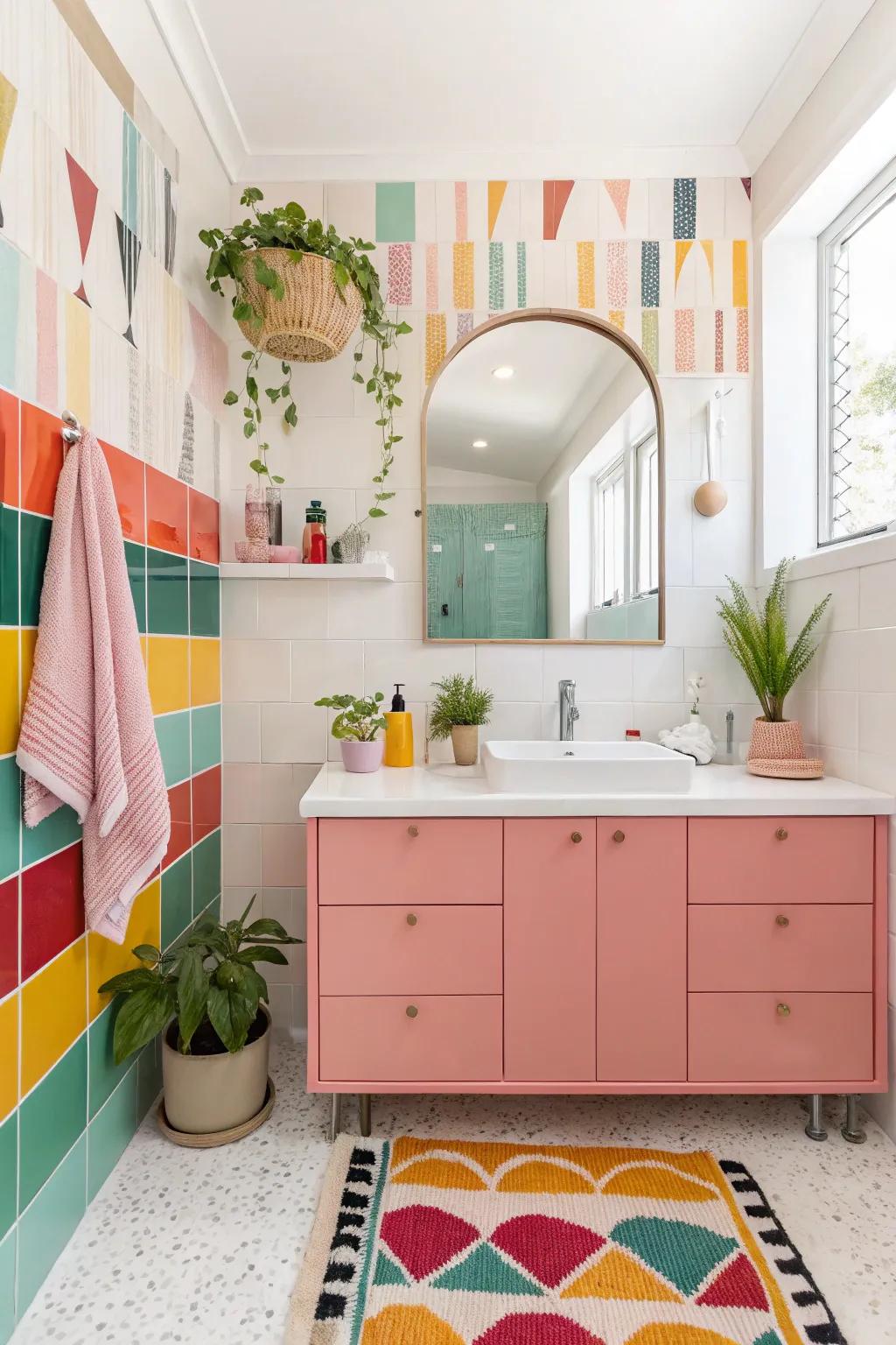 A bathroom with a pop of color that adds energy and personality.