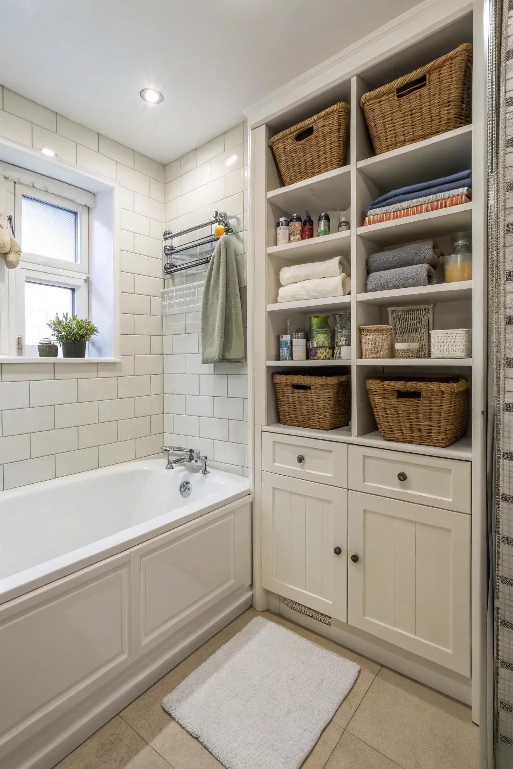 A compact layout with built-in storage maximizes space around the bathtub.