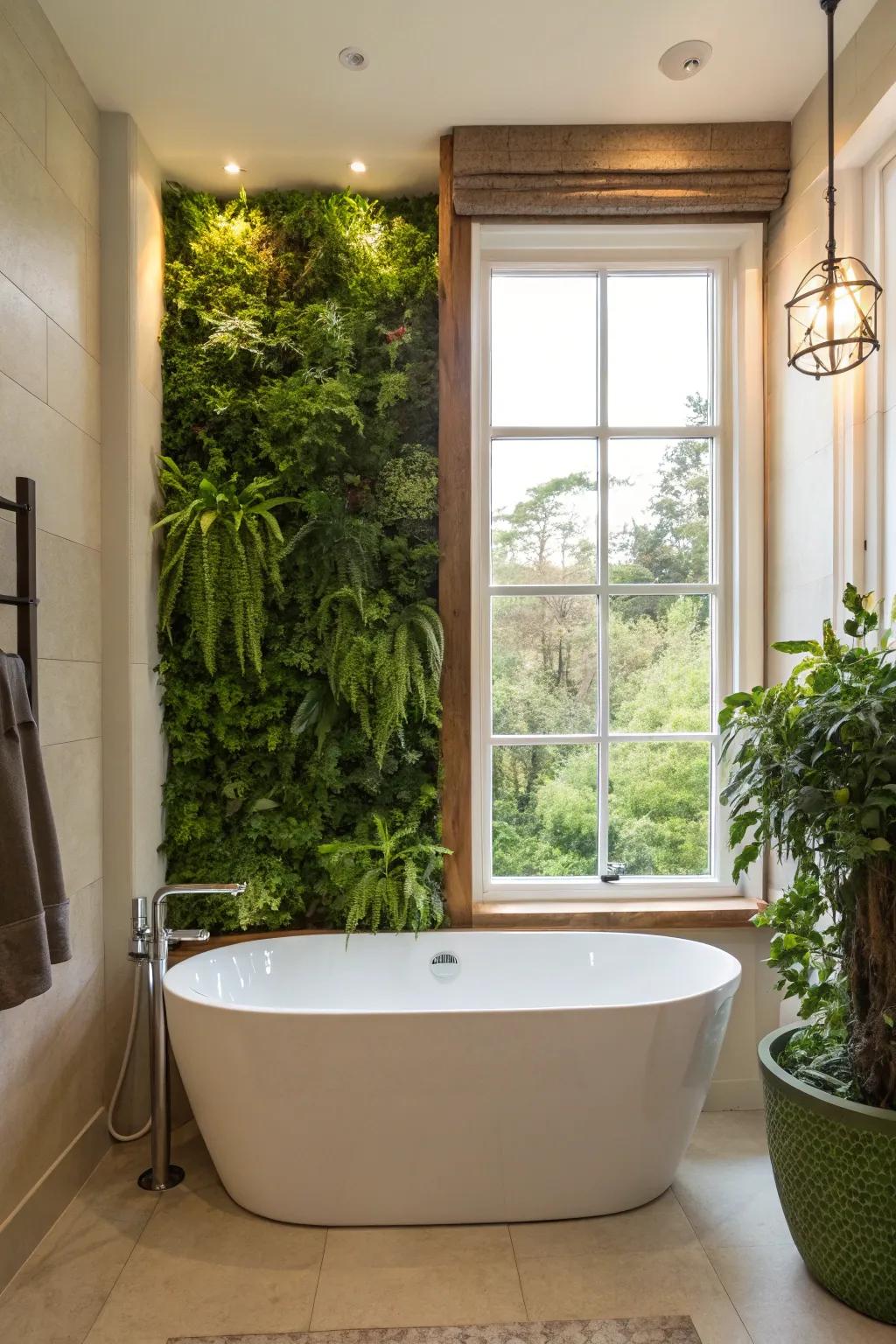 A vertical garden wall adds a lively touch to the bathroom.