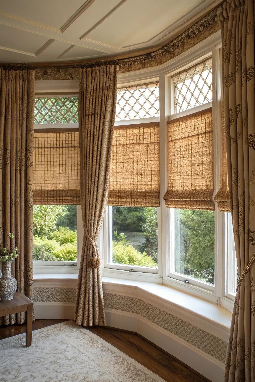 Natural woven shades adding texture and warmth to bay windows.