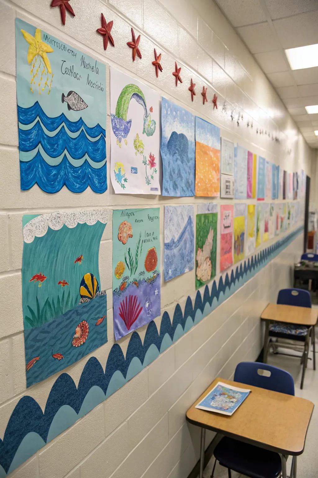 An art wall featuring ocean-inspired student creations adds a personal touch to the classroom.