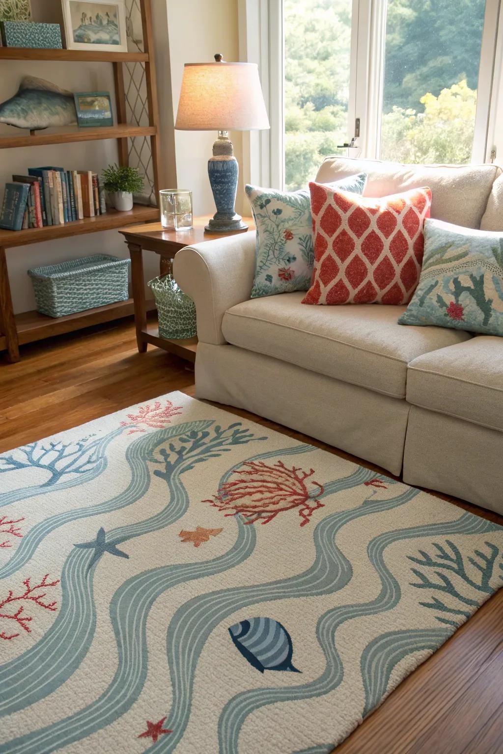 Ocean patterns add subtle coastal touches.