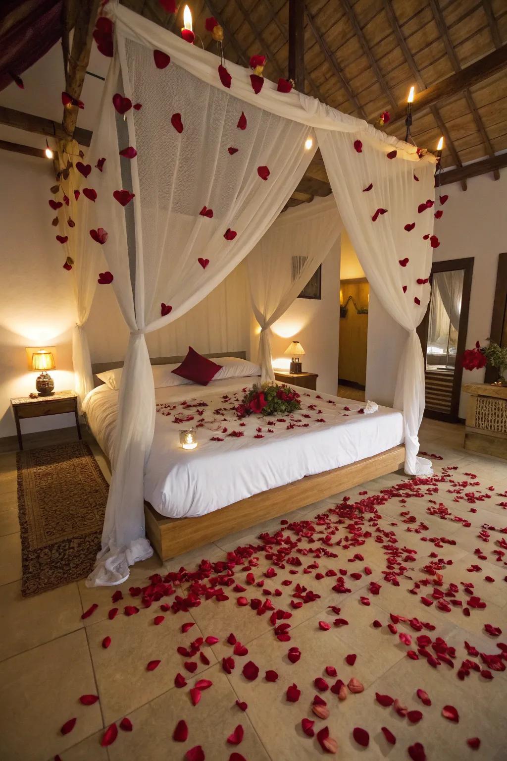 A stunning rose petal canopy transforming the bedroom into a dreamlike sanctuary.