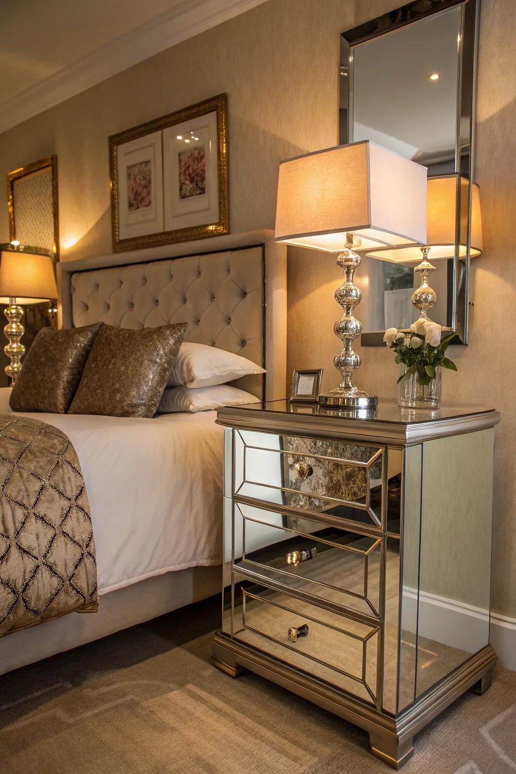 Mirrored furniture pieces adding glamour and sophistication to the bedroom.