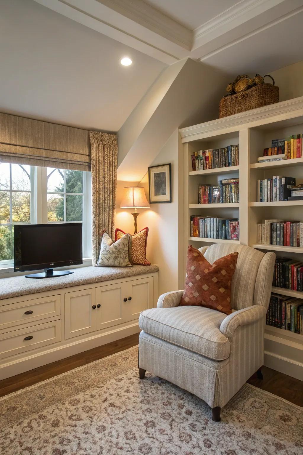 A reading nook adds versatility to your bedroom TV area.