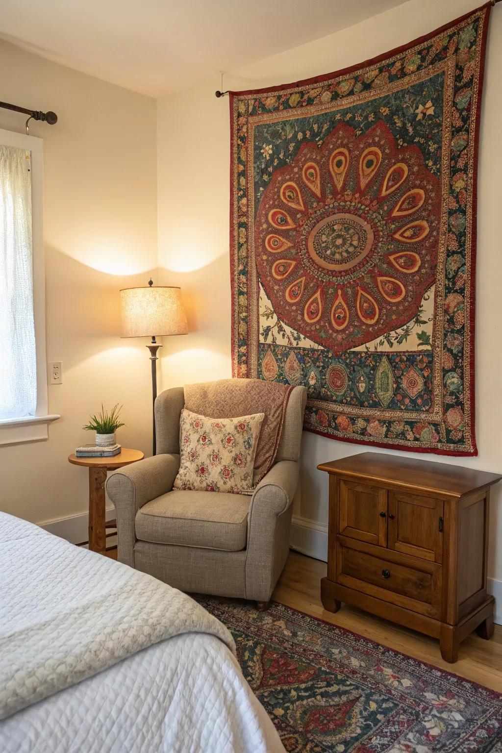 Define spaces creatively with a tapestry backdrop.