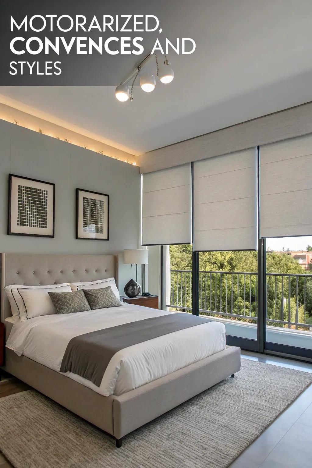 Motorized shades bring modern convenience to your bedroom.