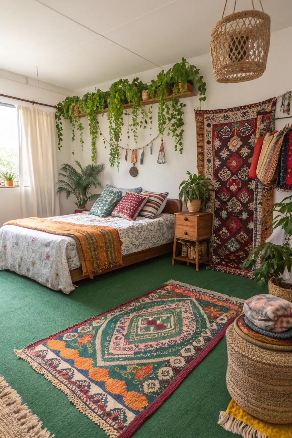 Layered rugs create a bohemian atmosphere, adding texture and color to the green carpet.