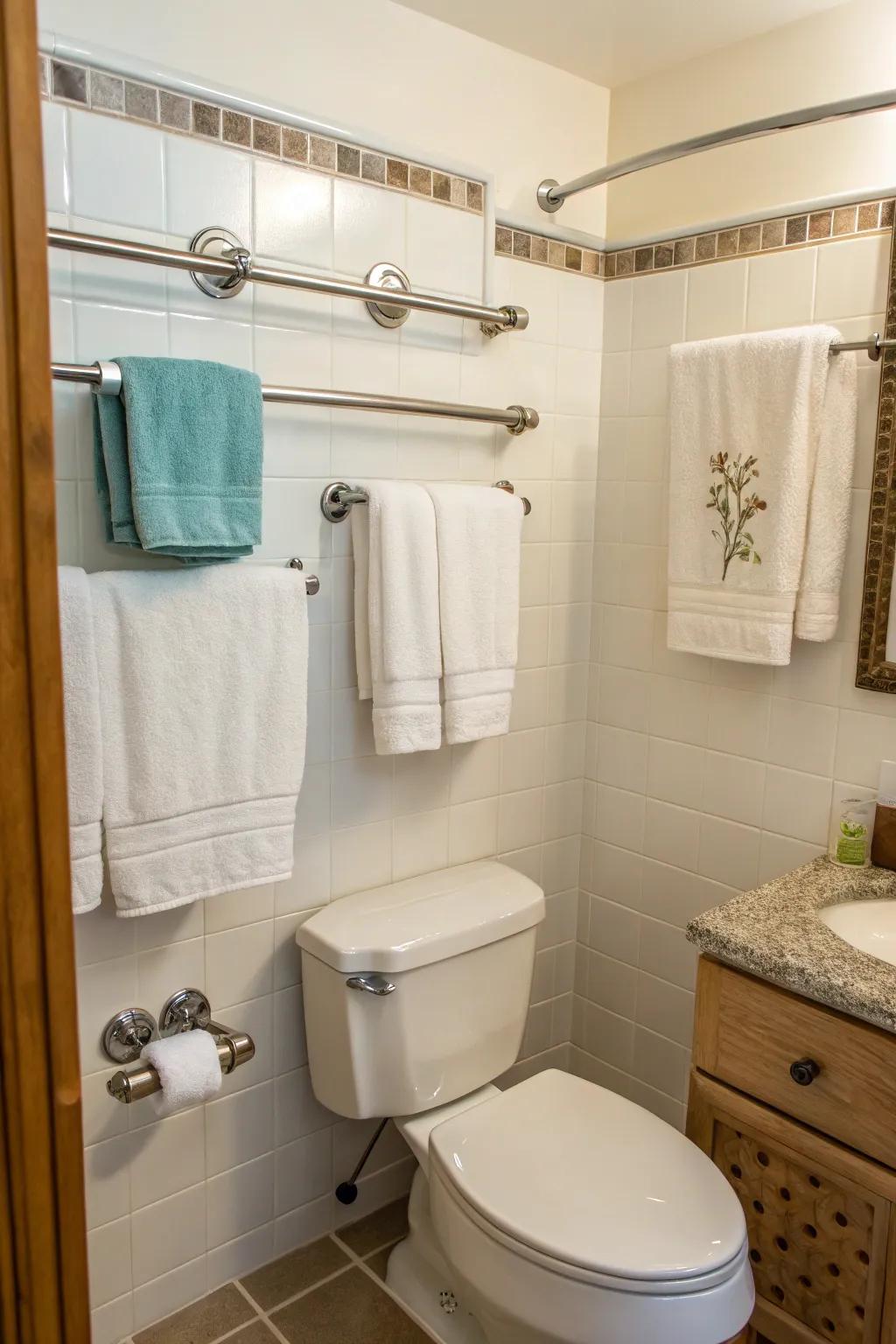 Towel bars and hooks maximize vertical space for convenience.