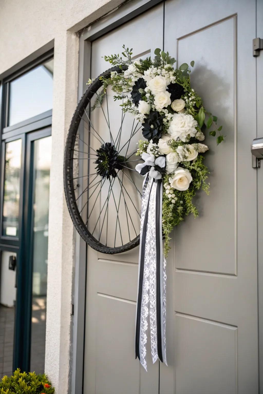 A minimalist bicycle wreath with monochrome elements for a modern aesthetic.