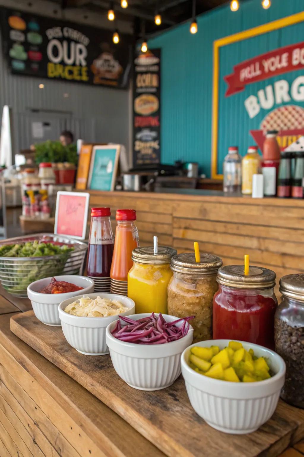 A creative condiment display adds charm to the setup.