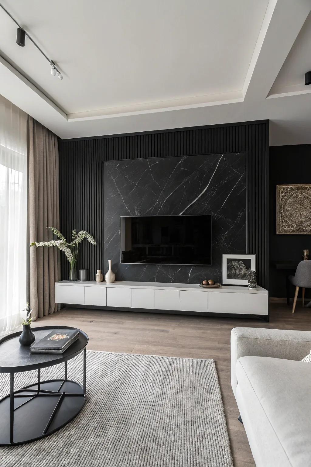 Monochrome decor provides a sleek, modern contrast to a black accent wall.