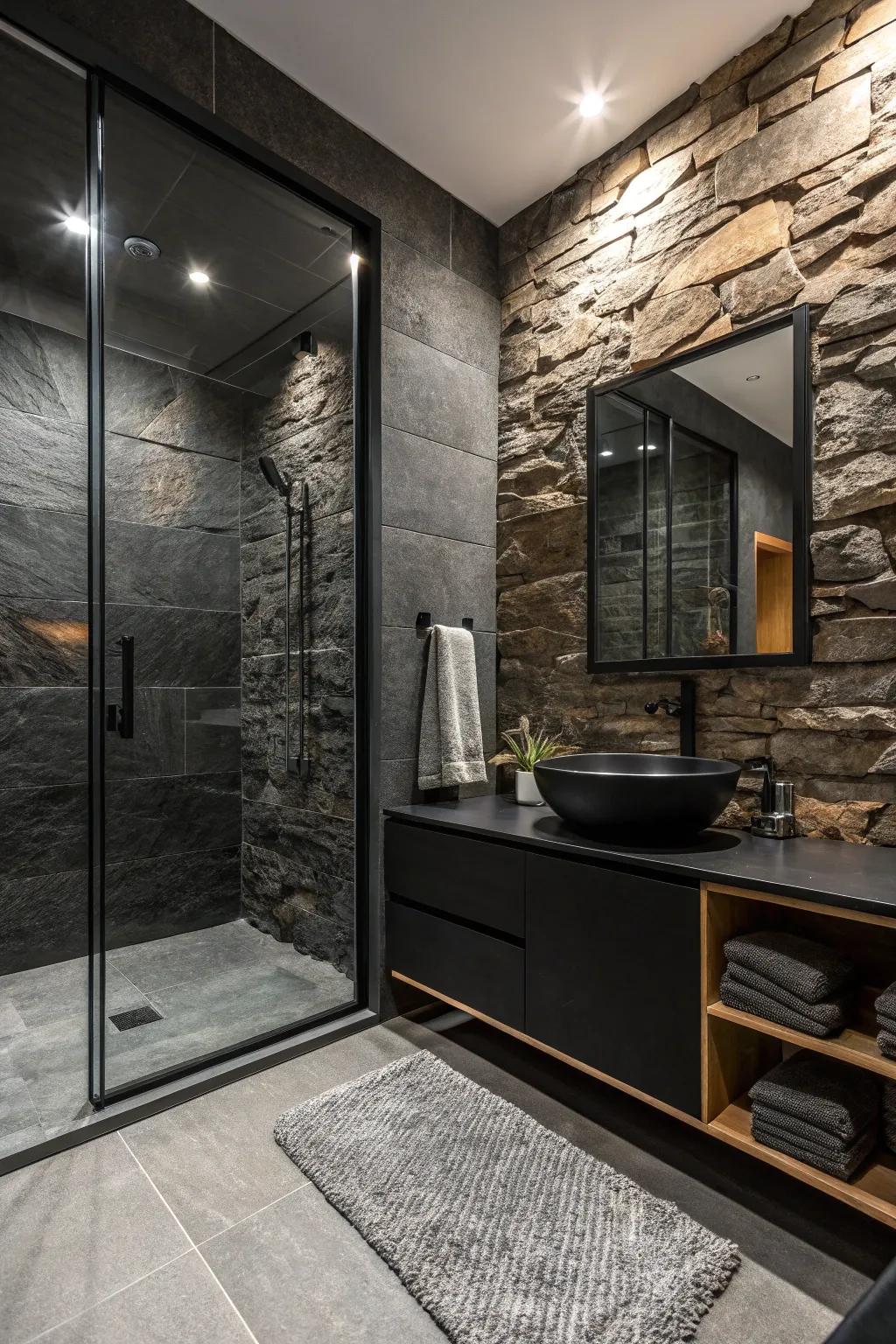 A bathroom that creatively combines textures for added depth and interest.