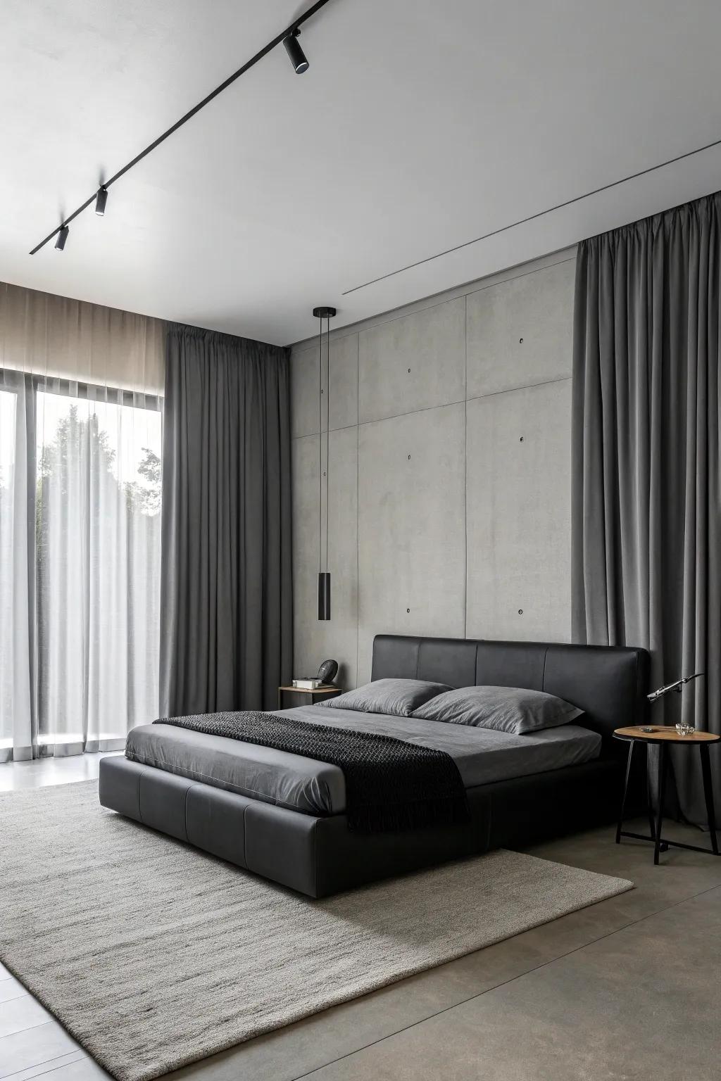 A minimalist black and grey bedroom with clean lines and simple forms.