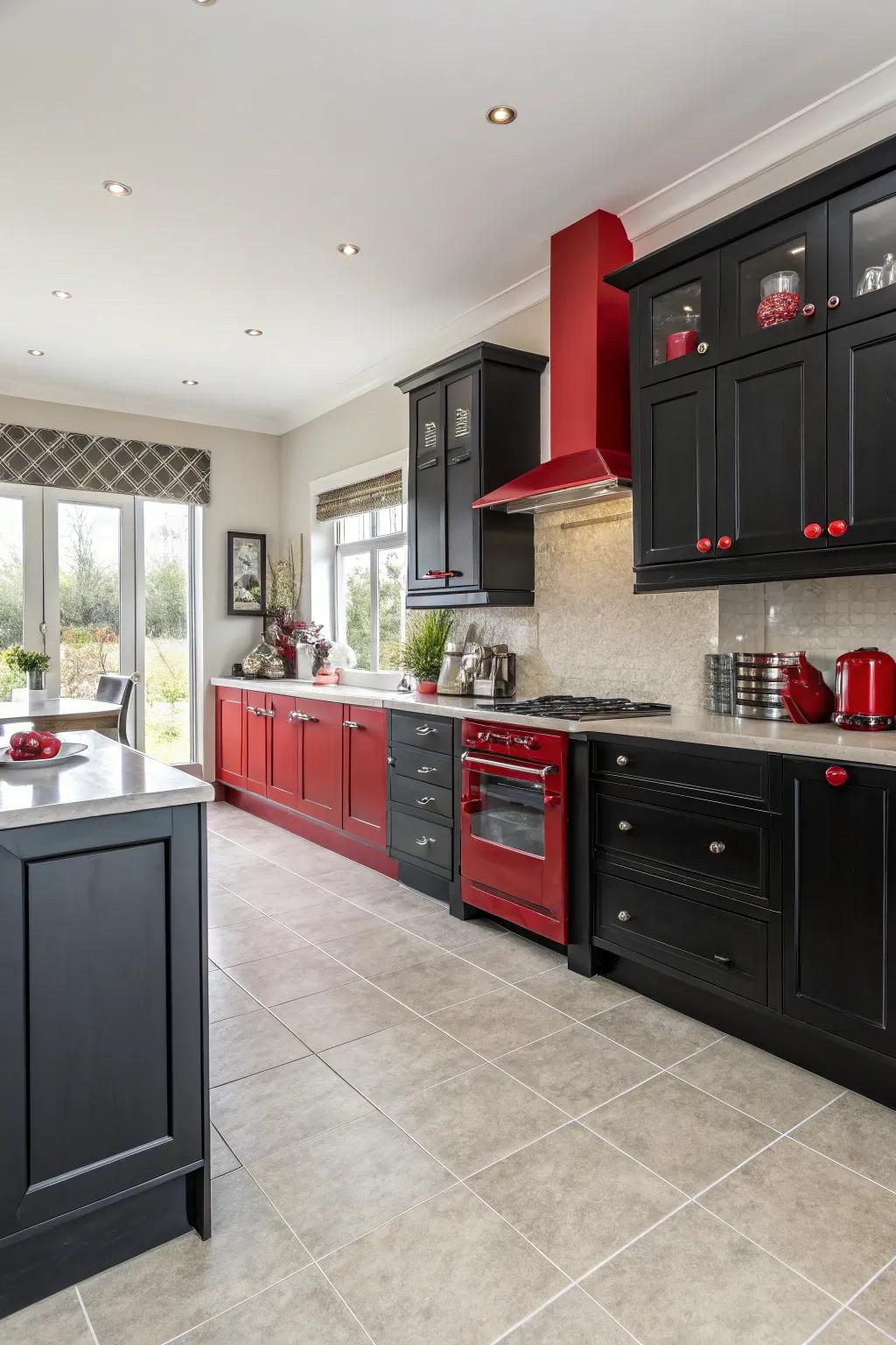 Neutral flooring grounds the bold black and red kitchen design.